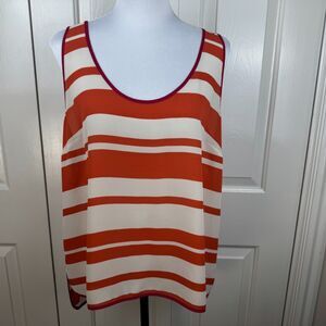 Wyatt Women Top Sz L Sheer Ivory Rust Striped Sleeveless Fucsia Trim Scoop Neck